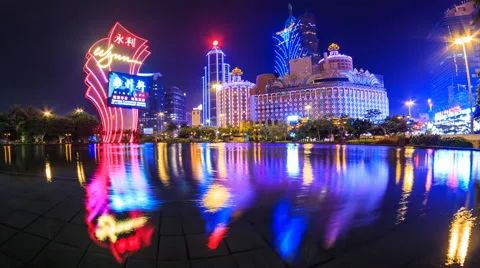 Macau China : Time Lapse Landmark Night Cityscape Casino And Hotels Stock Footage 63197885