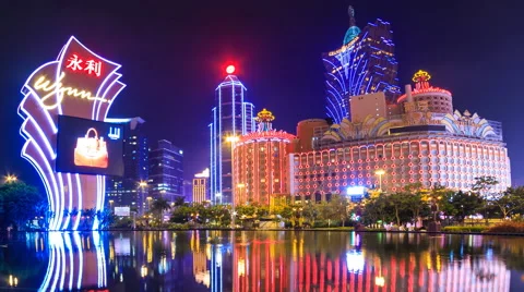 Macau China : Time Lapse Landmark Night Cityscape Casino And Hotels (zoom out) Stock Footage 63211106