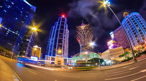 Macau China : Time Lapse Landmark Night Cityscape Casino And Hotels (pan shot) Stock Footage 63211629