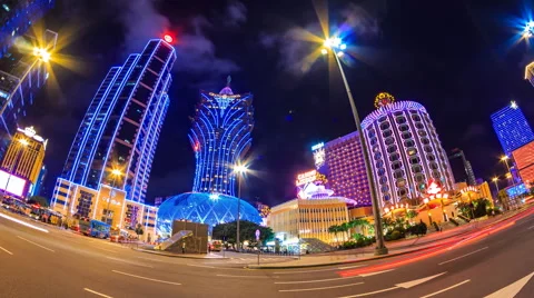 Macau China : Time Lapse Landmark Night Cityscape Casino And Hotels Stock Footage 63211825