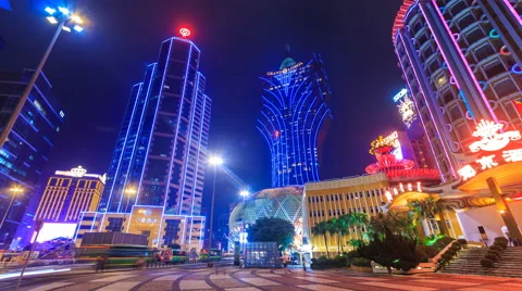 Macau China : Time Lapse Landmark Night Cityscape Casino And Hotels Stock Footage 63236565