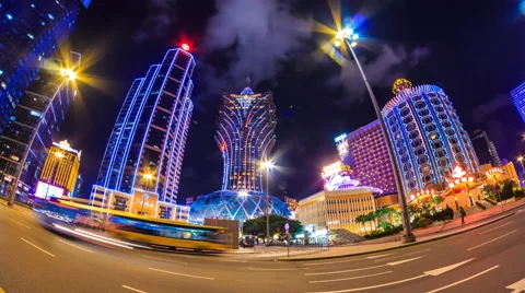 Macau China : Time Lapse Landmark Night Cityscape Casino And Hotels (pan shot) Stock Footage 64097845