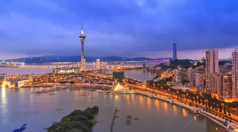 Macau Cityscape Day To Night Time Lapse (pan shot) Stock Footage 63109379