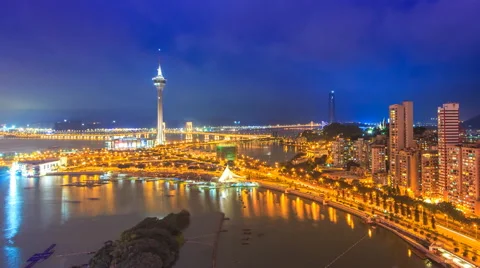 Macau Cityscape Day To Night Time Lapse (zoom in) Stock Footage 63109661