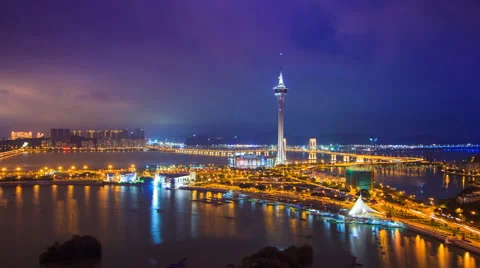 Macau Cityscape Day To Night Time Lapse (pan shot) Stock Footage 63128418