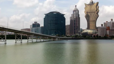 Macau day cityscape Nam Van Lake timelapse pan up Stock Footage 121291145