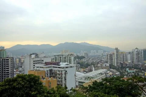 Macau downtown at sunset Stock Photos