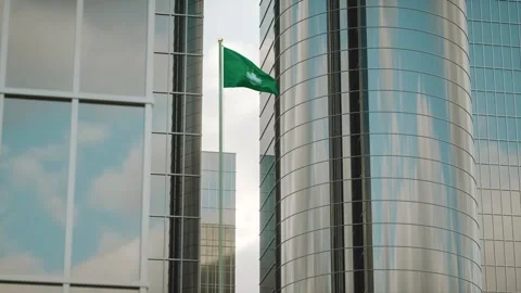Macau Flag 3D Render Animation on Pole with City Buildings Video stock 332308667