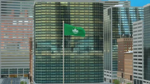 Macau Flag 3D Render Animation on Pole with Modern Business District Buildin Stock Footage 332878326
