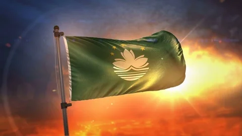 Macau Flag Backlit At Beautiful Sunrise Loop Slow Motion 4K Stock Footage 76622704