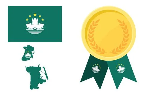 Macau flag with map and gold medal in set for web and banners or app and game Stock Illustration