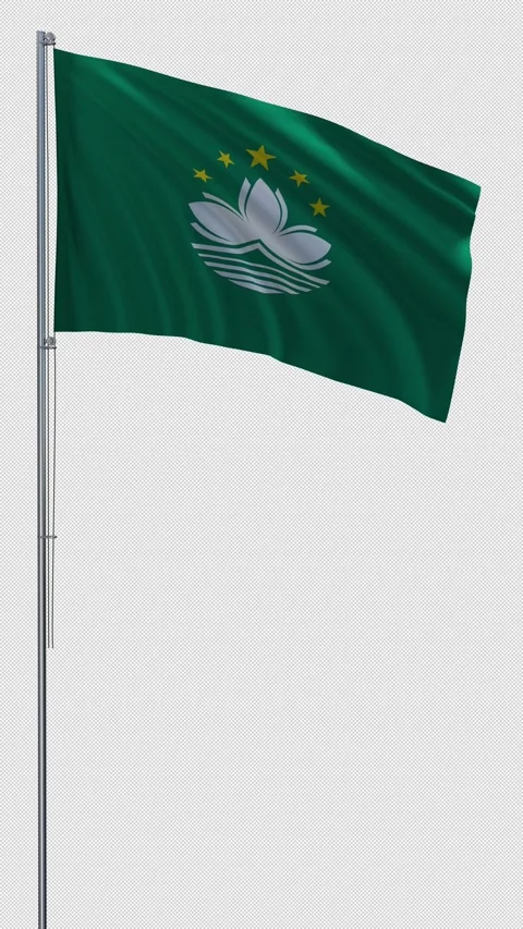 Macau flag on metal flagpole flies in wind 3D rendering Stock Footage 331654991