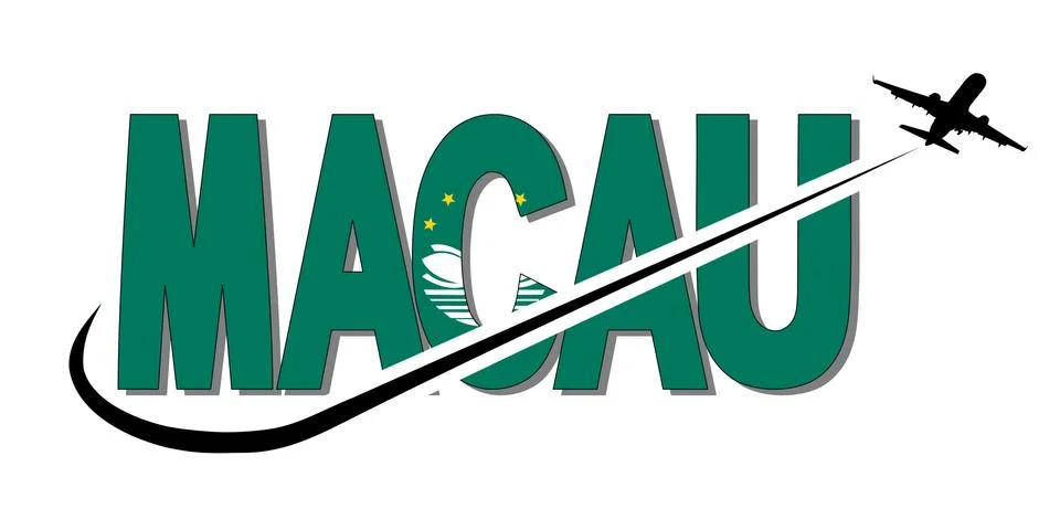 Macau flag text with plane silhouette and swoosh illustration Stock Illustration