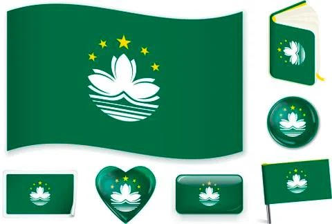 Macau flag wave, book, circle, pin, button, heart and sticker. Stock Illustration