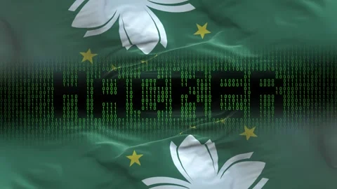 Macau flag - Waving flag on matrix binary code background Stock Footage 321420263