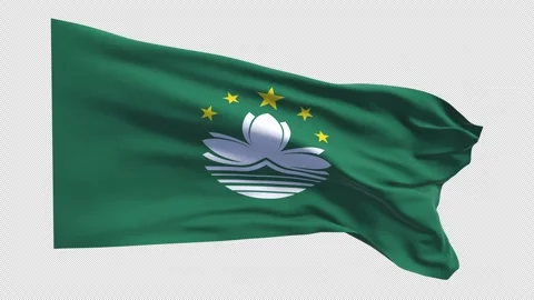 Macau Flag Waving in the Wind with Elegant Green Lotus Emblem Stock Footage 336182493