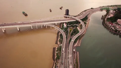 Macau Highway Stack Interchange from above - Avenida Panoramica do Lago Sai Van Stock Footage 82845103