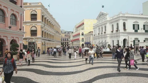 Macau many people walking and shopping at street Stock Footage 105553853