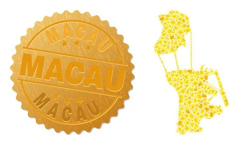 Macau Map Collage of Golden Items and Metal Macau Stamp Stock Illustration