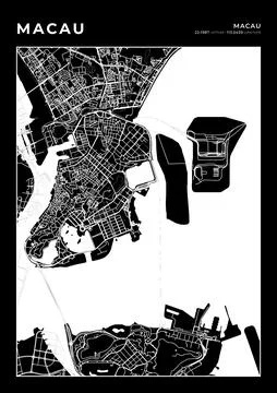 Macau Map Wall Art Frame, Cartography Map Print, City Layout Map Stock Illustration
