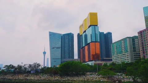 Macau skyline with Macau Tower seen from the waterfront Stock Footage 344607175