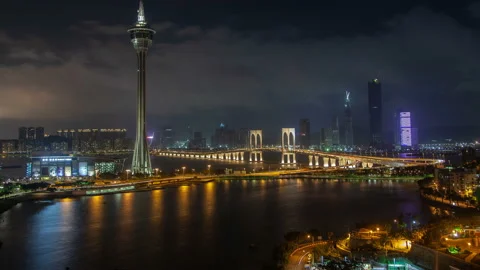 Macau Tower and bridge traffic cityscape night timelapse pan up Stock Footage 121294239