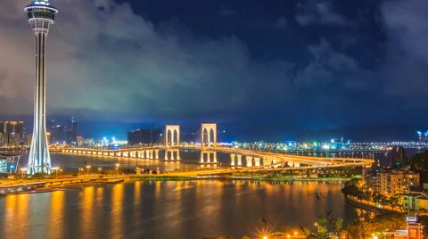 Macau Tower And Macau Bridge Landmark Place Of Macau China (zoom in) Stock Footage 63234457