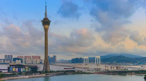 Macau Tower And Macau Bridge Day To Night Time Lapse Of Macau China (zoom out) Stock Footage 64672355