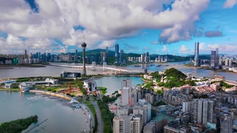 Macau Tower and Sai Van Bridge Aerial Sunrise 4K Stock-Footage 347212652