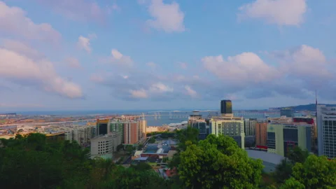 Macau Waterfront Cityscape with Bridge and Coastal Skyline Stock Footage 344600954