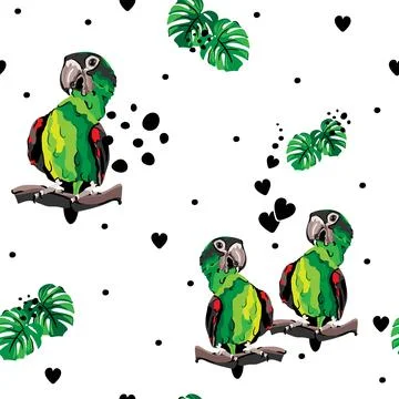 Macaw parrot seamless pattern with hearts and monstera. Stock Illustration