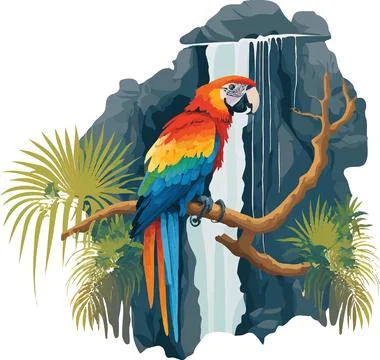 Macaw perched on a branch with a waterfall in the background 스톡 일러스트