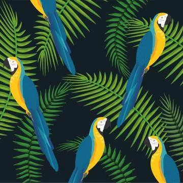Macaws parrots with branches leaves background Illustrazione stock