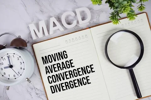 MACD - Moving Average Convergence Divergence acronym on notepad, Business c.. Stock Photos