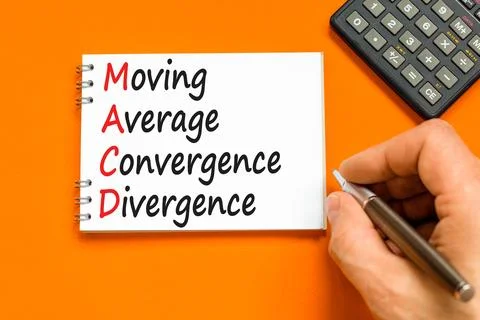 MACD symbol. Concept words MACD moving average convergence divergence on wh.. Foto stock