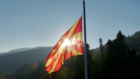 Macedonian Flag Backlit By Sun (Slow-Motion Close-Up Footage) 스톡 동영상 229451839