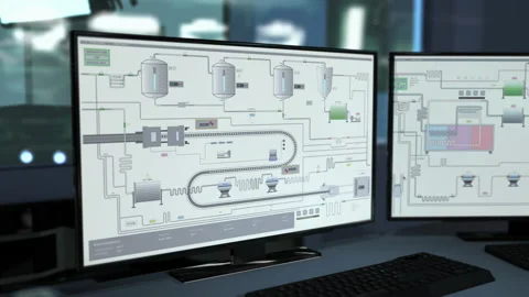 Machine Activates Monitors To Observe Manufacturing Line With Milk On Conveyors Stock Footage 193625591