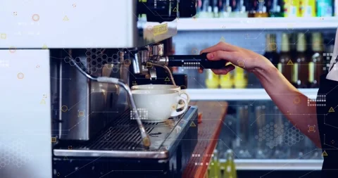 Machine activating, water flowing through coffee as barista pulling creamy Stock Footage 318475732