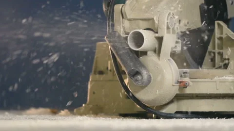 From Machine After Processing of Tree Fly out Sawdust with Smoke Slow Motion Stock Footage 93850538