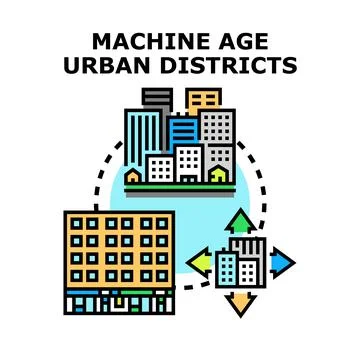 Machine age urban districts developing city infrastructure planning Ilustración de archivo