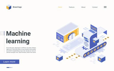 Machine ai learning process, cyber technology isometric landing page, solving Stock Illustration