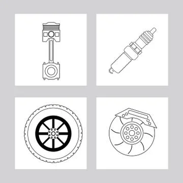 Machine and wheel icon. Auto part design. Vector graphic Stock Illustration