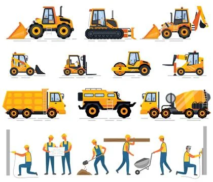 Machine and Workers, Construction Equipment Set Illustrazione stock