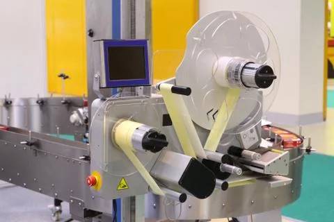Machine for applying self-adhesive labels. The machine is designed for automa Stock Photos