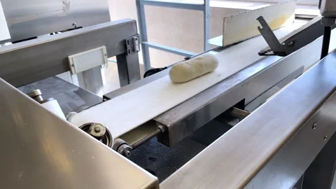 Machine at the bakery, kneading the dough and eject it on the production line Stock Footage 252116657