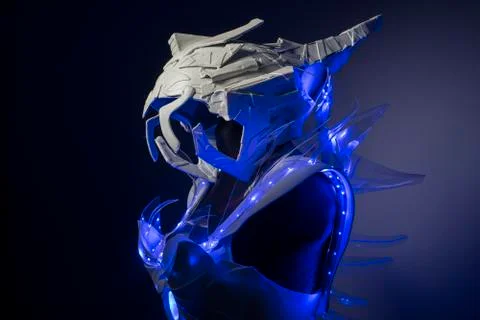Machine, bionic armor with blue LED lights and plastic materials Stock Photos