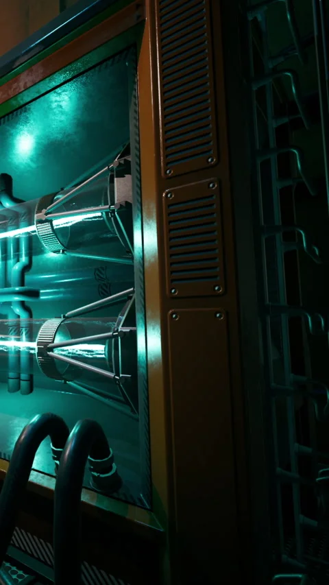 Machine with blue light in a dark room near wires and metal parts Stock Footage 338387905