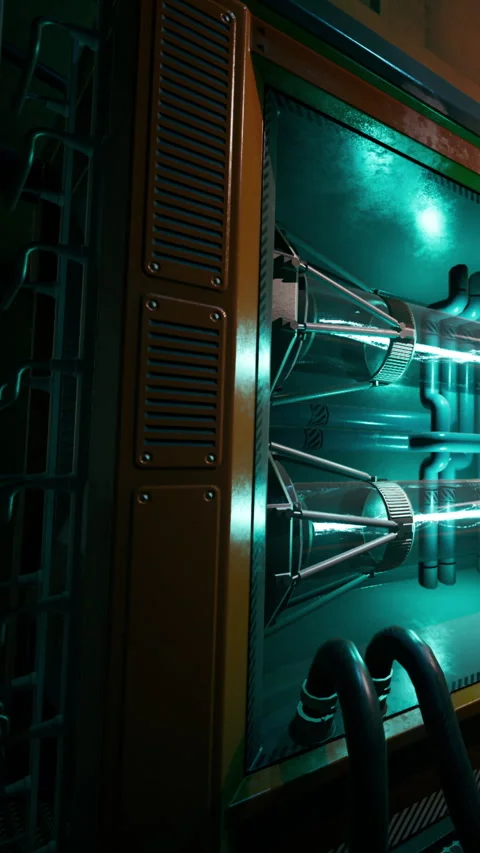 Machine with bright lights in a tech facility showing tubes and panels Stock Footage 335355057