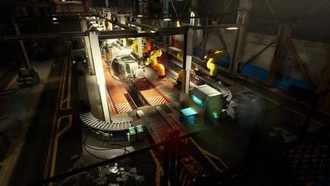 Machine building conveyor system in a factory with robotic arms working Stock Illustration