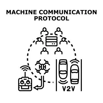 Machine communication protocol connecting autonomous vehicles and drones Stock Illustration